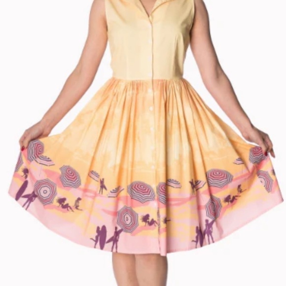 Banned Apparel Dresses & Skirts - Banned Apparel Parasol Midi Dress Large Retro 50s Pinup Novelty Print Yellow